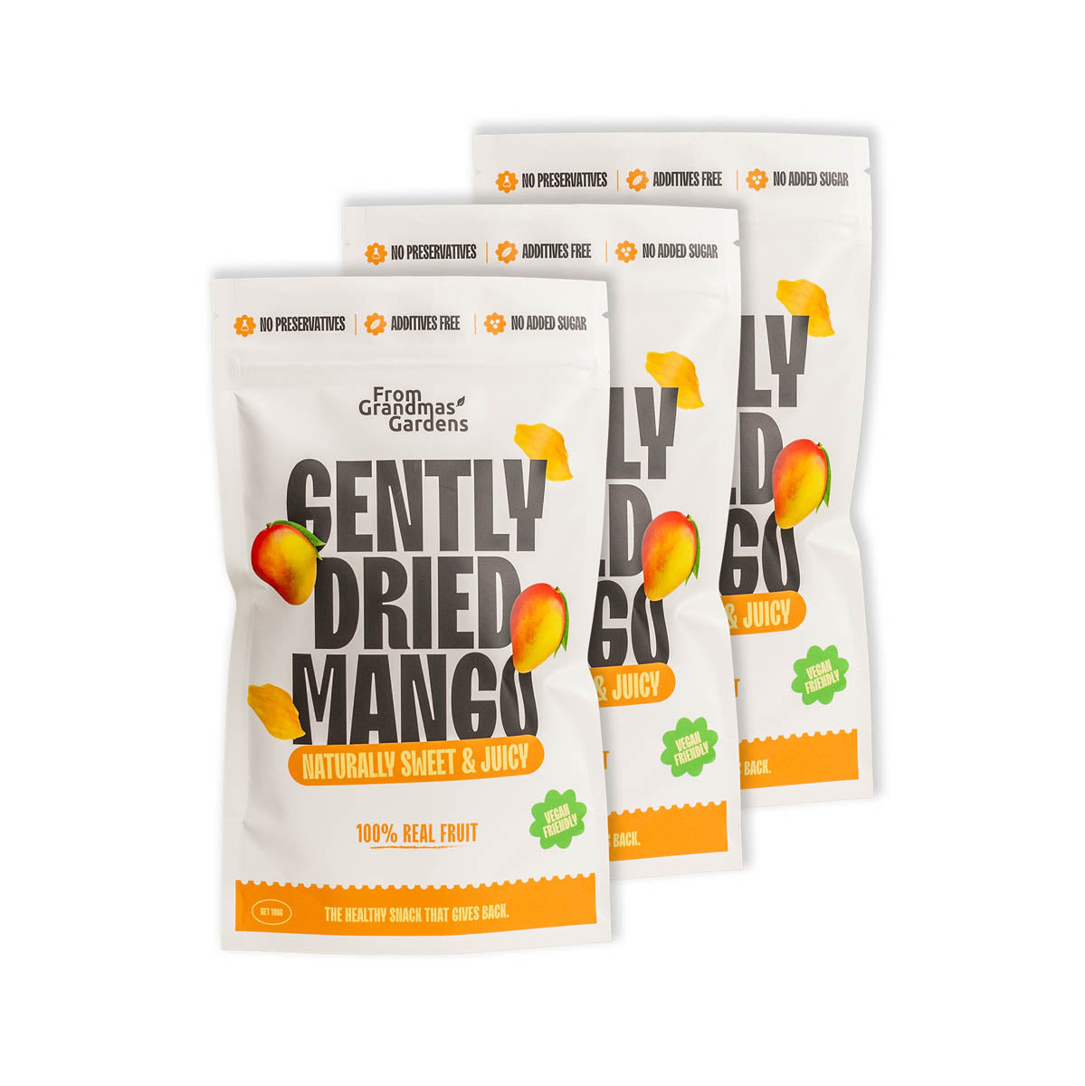 Packaging of gently dried mango slices with the brand 'Grandma's Garden' visible, along with the text 'naturally sweet & juicy', and '100% real fruit'. The package displays the product and some mango slices in the foreground.