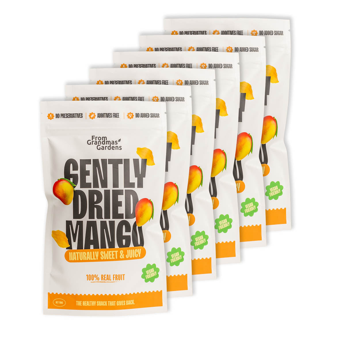 Packaging of gently dried mango slices with the brand 'Grandma's Garden' visible, along with the text 'naturally sweet & juicy', and '100% real fruit'. The package displays the product and some mango slices in the foreground.