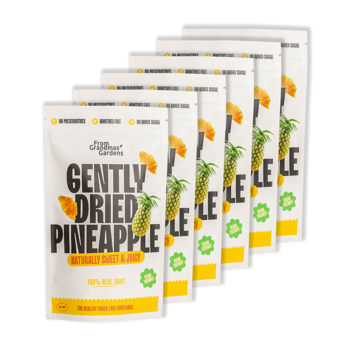Packaging of Gently Dried Pineapple snacks with a clear window showing the dried pineapple pieces.